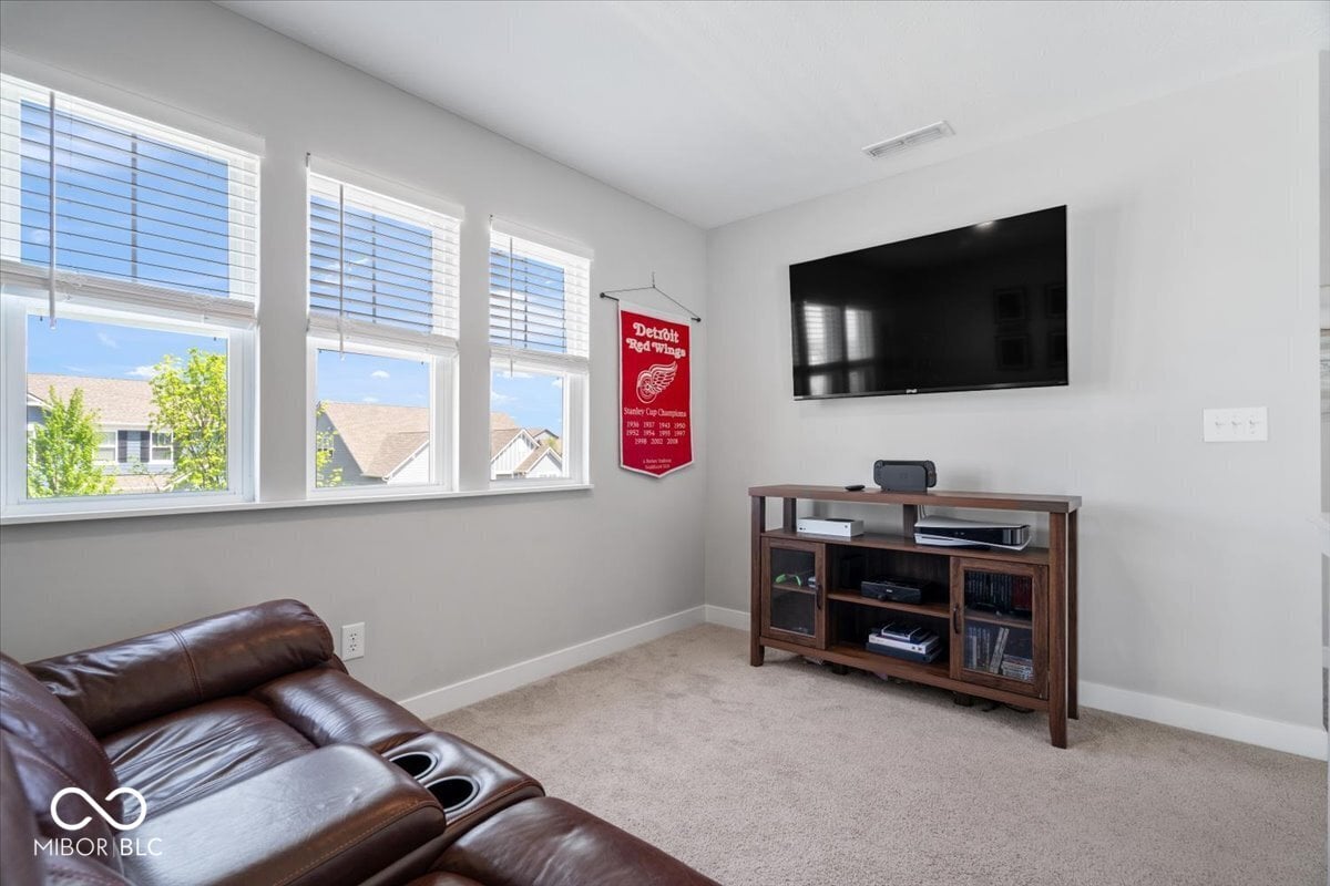 Bright family room with abundant natural light and entertainment setup.