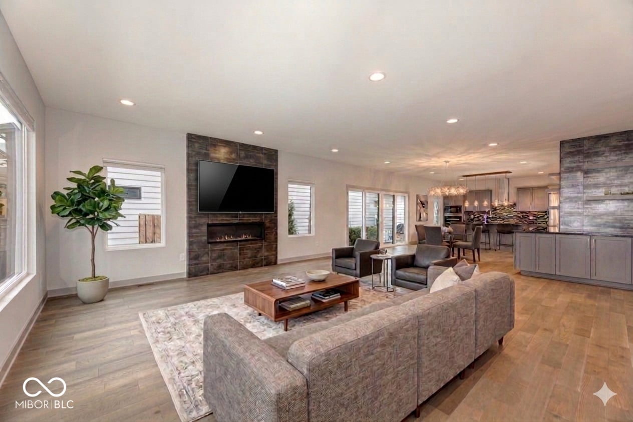 Bright open living space with fireplace and modern finishes.