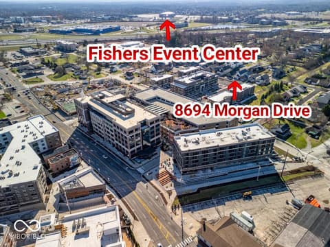 Aerial view at 8694 Morgan Drive, Fishers, IN — New event center in vibrant urban mixed-use development.