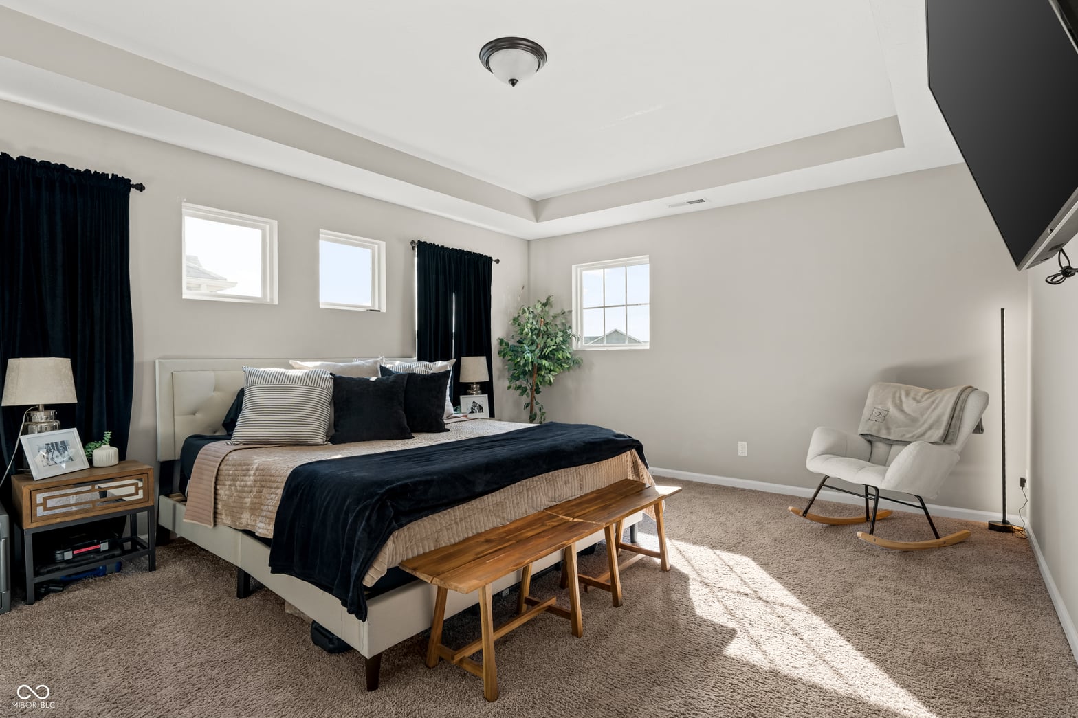 Spacious primary bedroom with abundant natural light and tray ceiling.