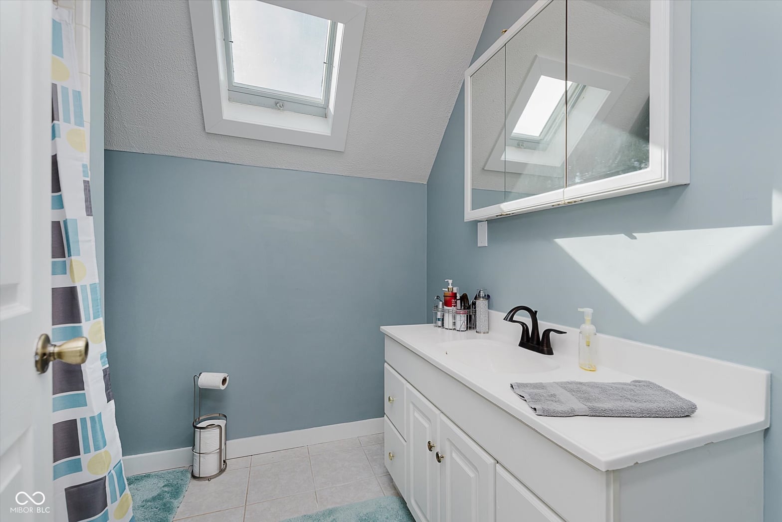Primary bathroom at 140 Wiley Street, Cicero, IN — Bright bathroom with skylights and updated finishes.