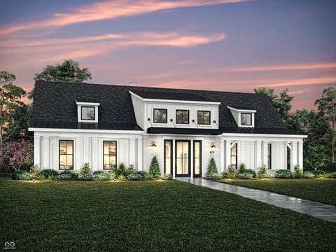 Front exterior at 16098 Quarter Pole Lane, Westfield, IN — Modern farmhouse with striking black and white contrasts.
