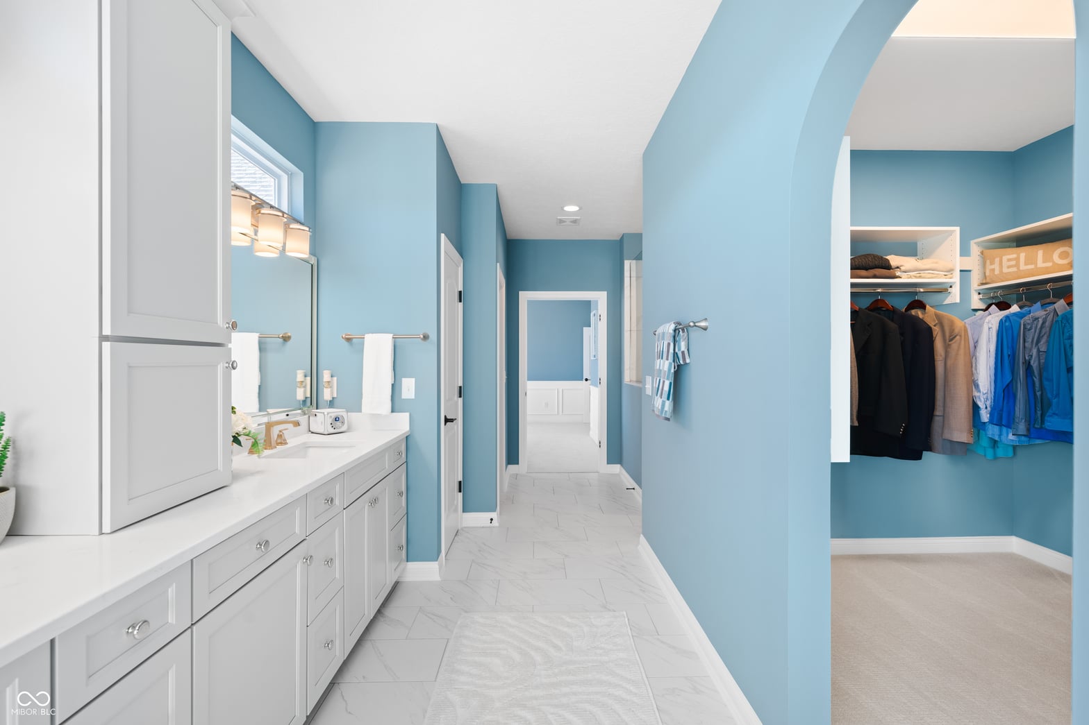 Primary bathroom at 4301 Stone Lake Drive, Zionsville, IN — Spa-like primary bath with dual vanity and walk-in closet.