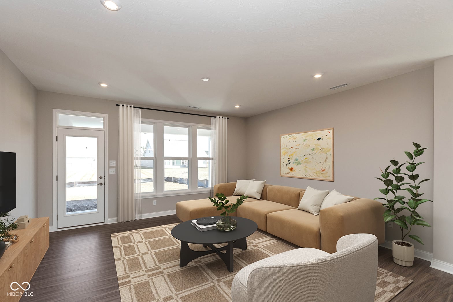 Bright contemporary living room with expansive windows.