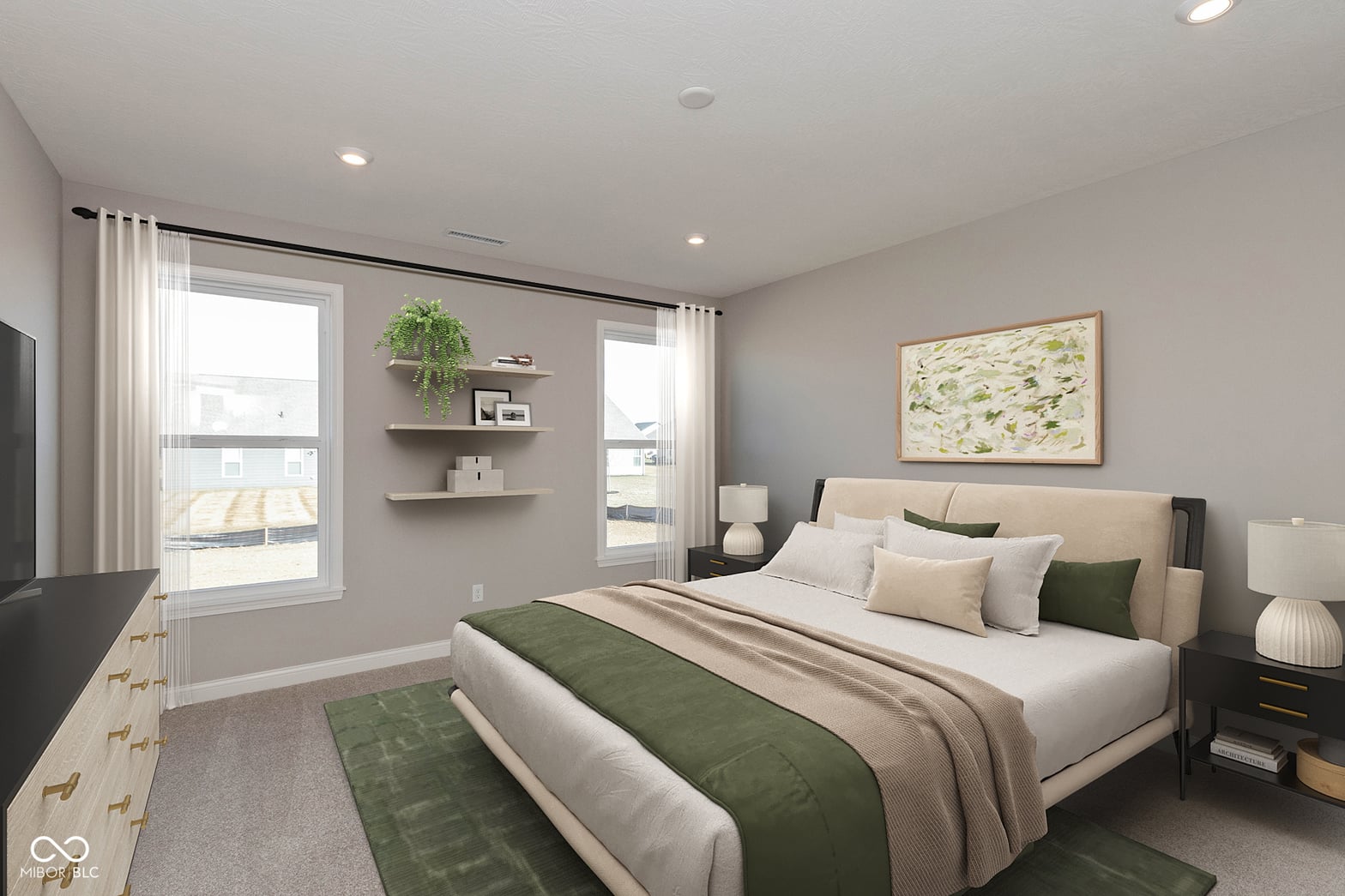 Bright primary bedroom with dual windows and modern finishes.