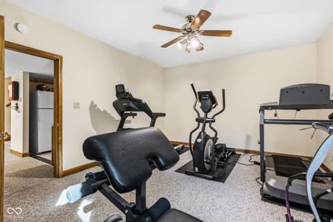Basement at 10791 E State Road 47, Sheridan, IN — Finished basement with dedicated home gym space.