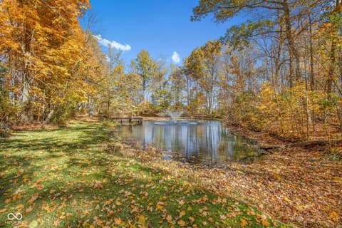 Yard at 10791 E State Road 47, Sheridan, IN — Serene wooded property with pond and fountain.