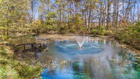 Yard at 10791 E State Road 47, Sheridan, IN — Serene pond with fountain and wooded acreage.