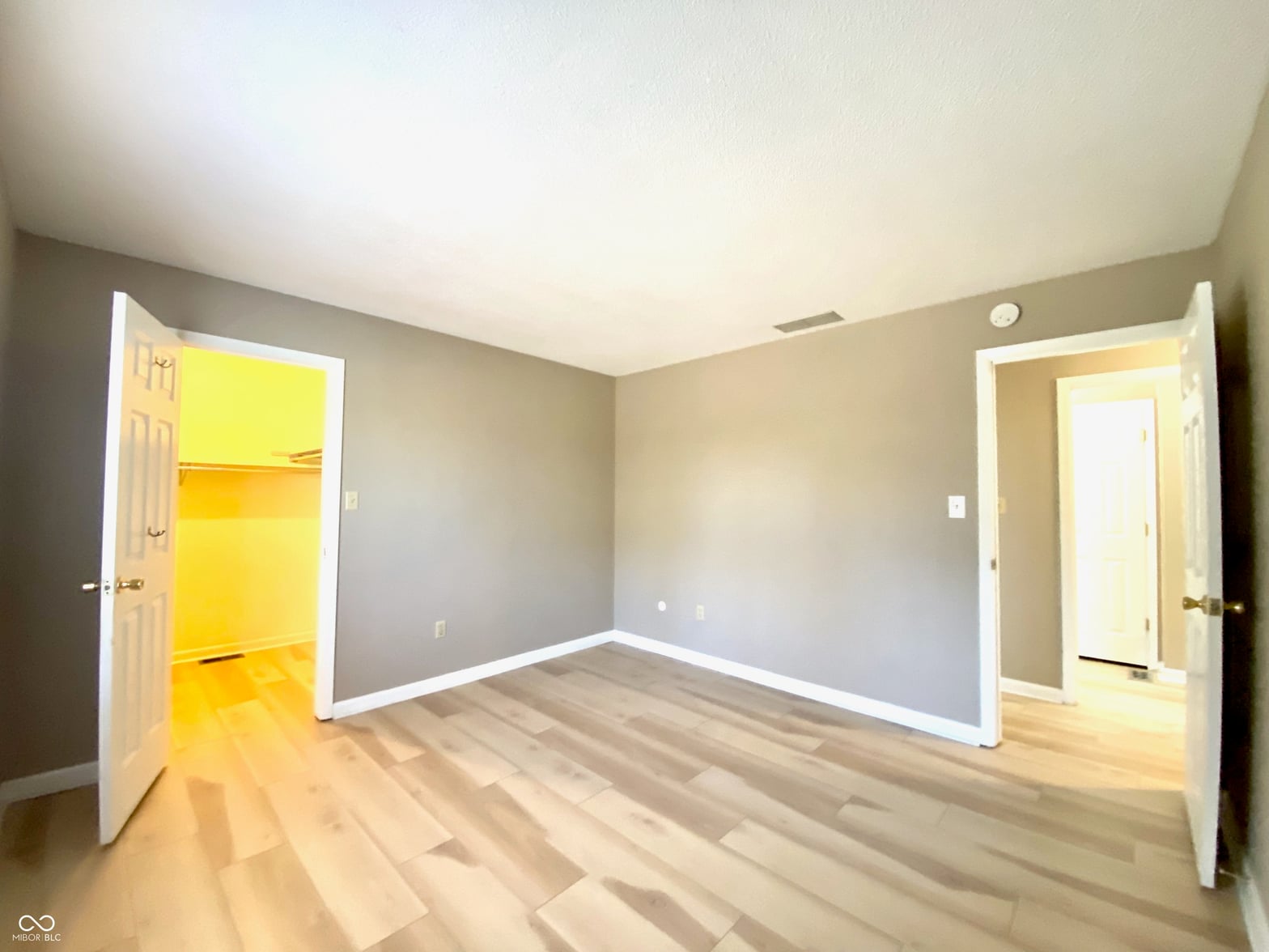 Spacious primary bedroom with hardwood floors and walk-in closet.