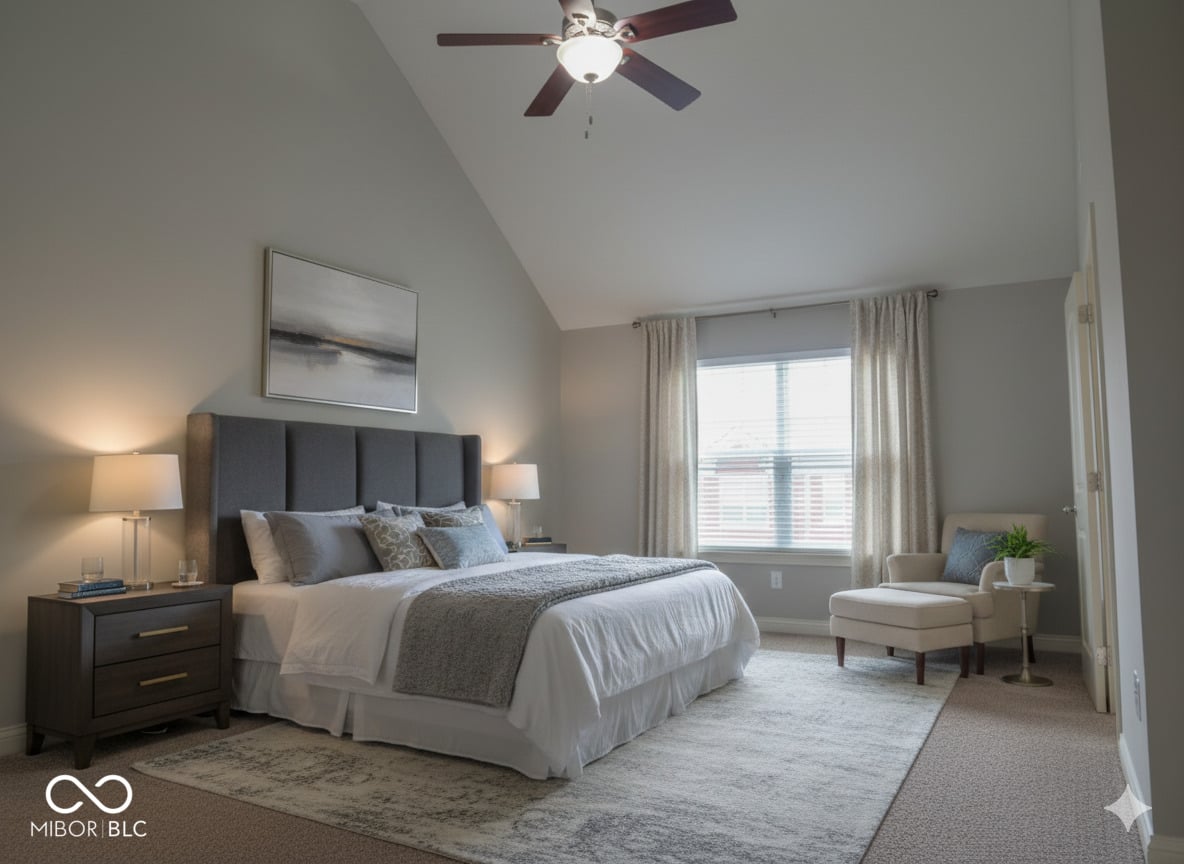 Spacious primary bedroom with vaulted ceiling and natural light.
