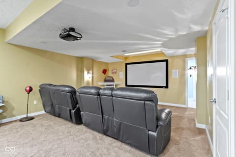 Basement at 14825 Latitude Way, Fishers, IN — Finished basement with dedicated home theater setup.