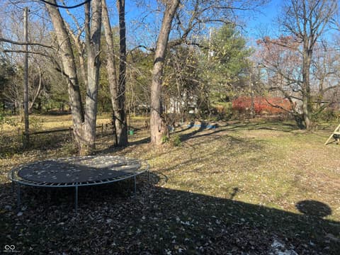 Yard at 6160 E 116th Street, Fishers, IN — Spacious wooded yard with mature trees and play features.