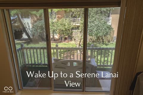 Outdoor living area at 586 Hunters Drive, Carmel, IN — Serene lanai with lush yard views and mature trees.