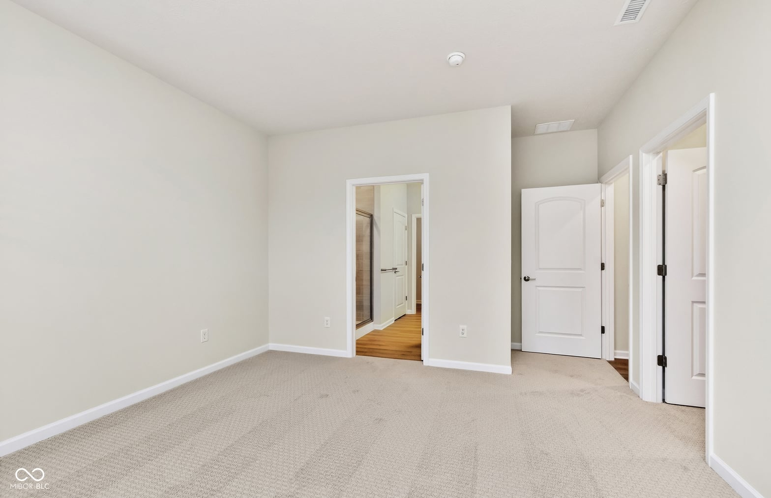 Spacious primary suite with multiple closets and clean finishes.