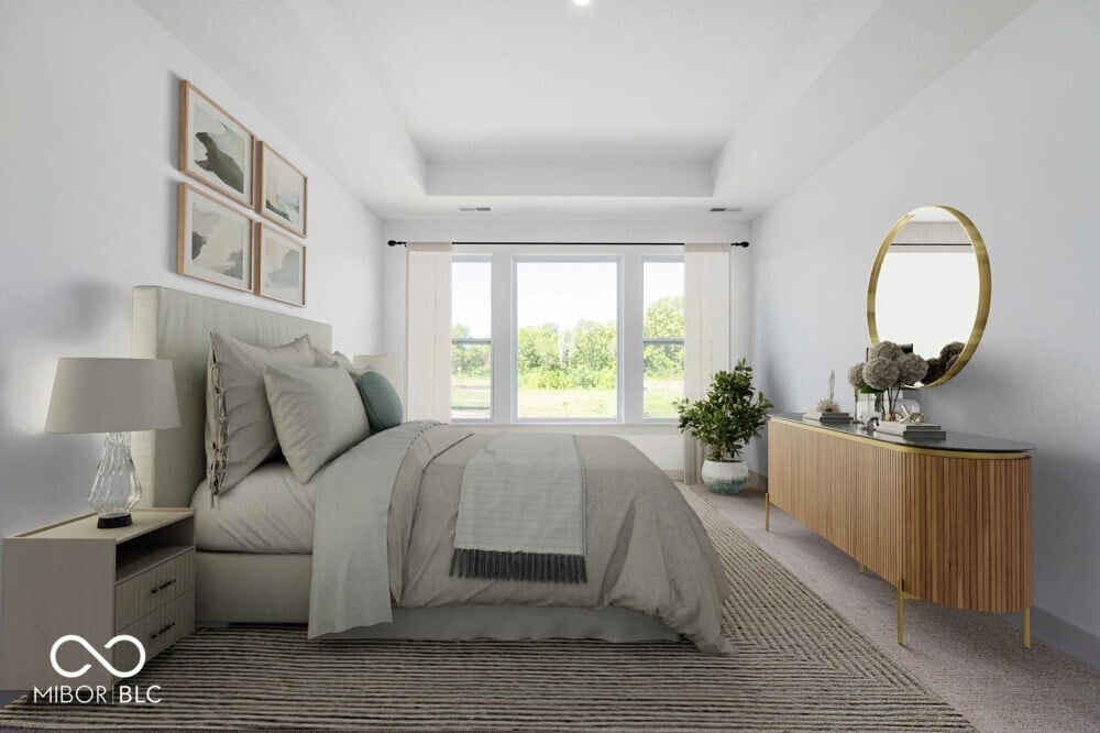 Bright primary suite with expansive windows and modern finishes.