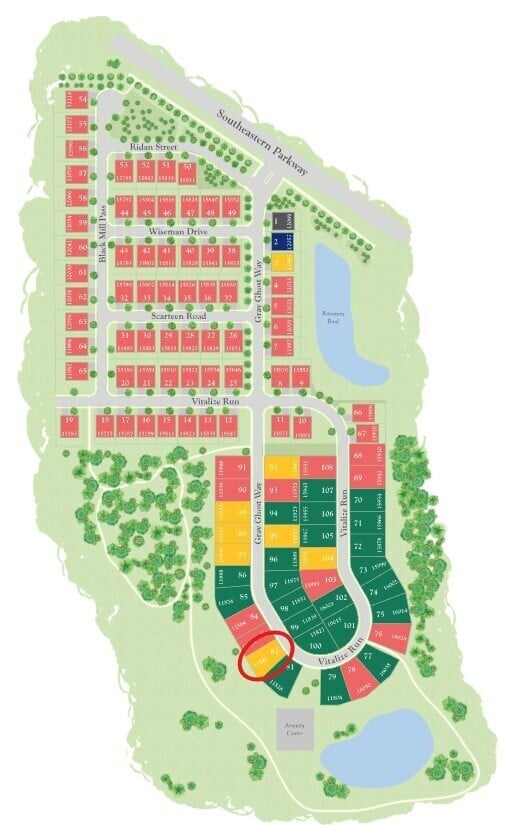 Master-planned community with lakes and mature trees.