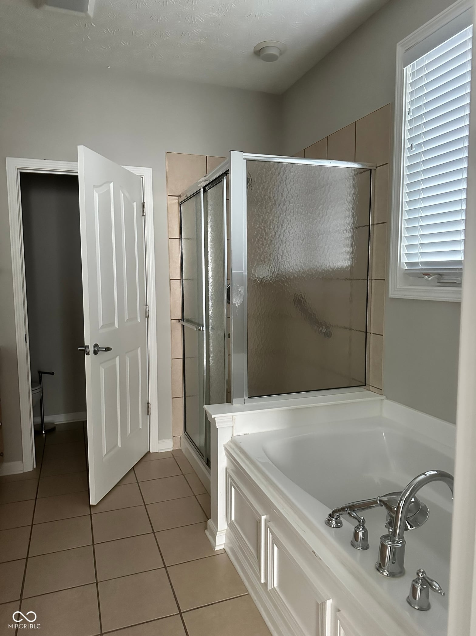 Spacious primary bath with soaking tub and walk-in shower.