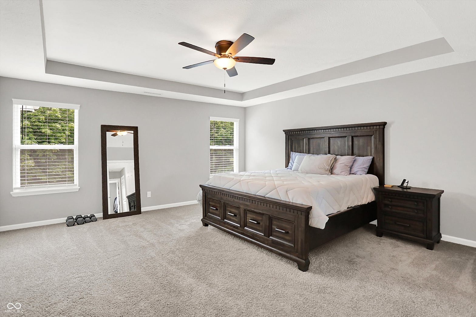 Spacious primary bedroom with tray ceiling and natural light.