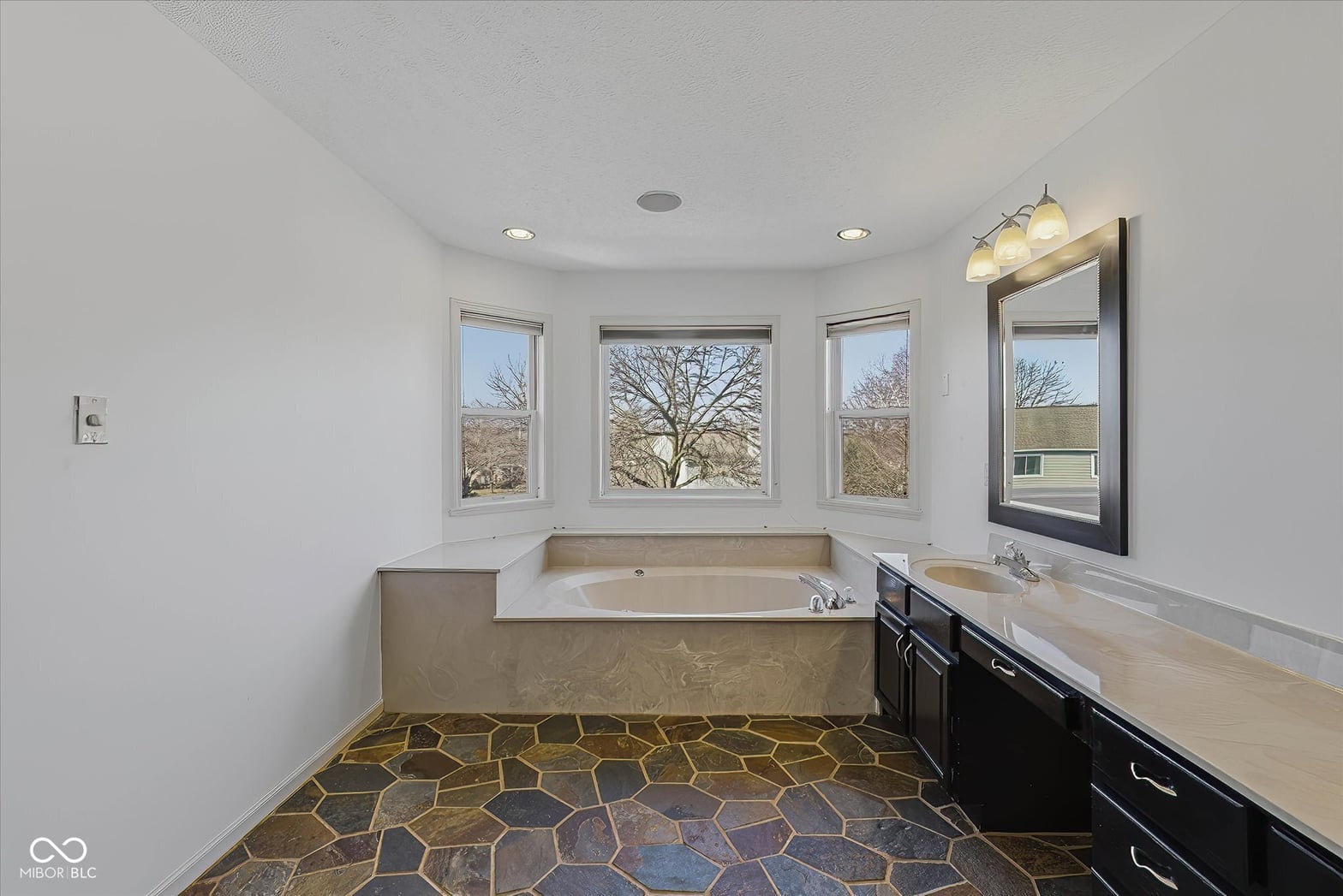 Luxurious primary bath with soaking tub and scenic views.