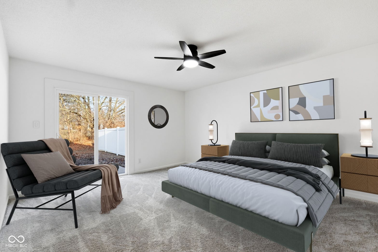 Bright modern primary bedroom with patio access.