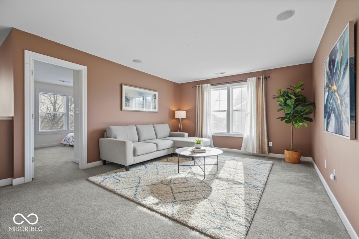 Bright, spacious family room with warm color palette and natural light.