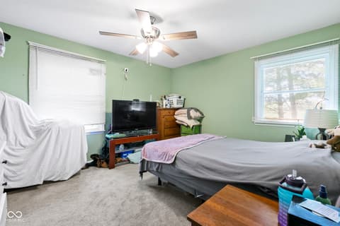 Bedroom at 8440 E 216th Street, Cicero, IN — Bright bedroom with dual windows and ceiling fan.
