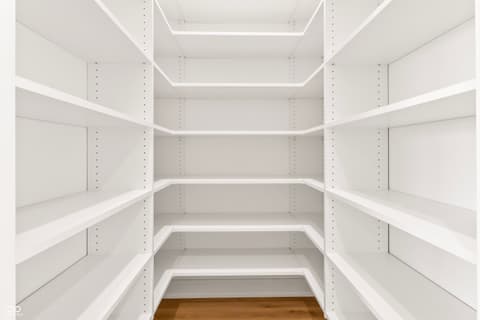 Pantry at 15407 Mystic Rock Drive, Carmel, IN — Luxurious walk-in pantry with extensive custom shelving.