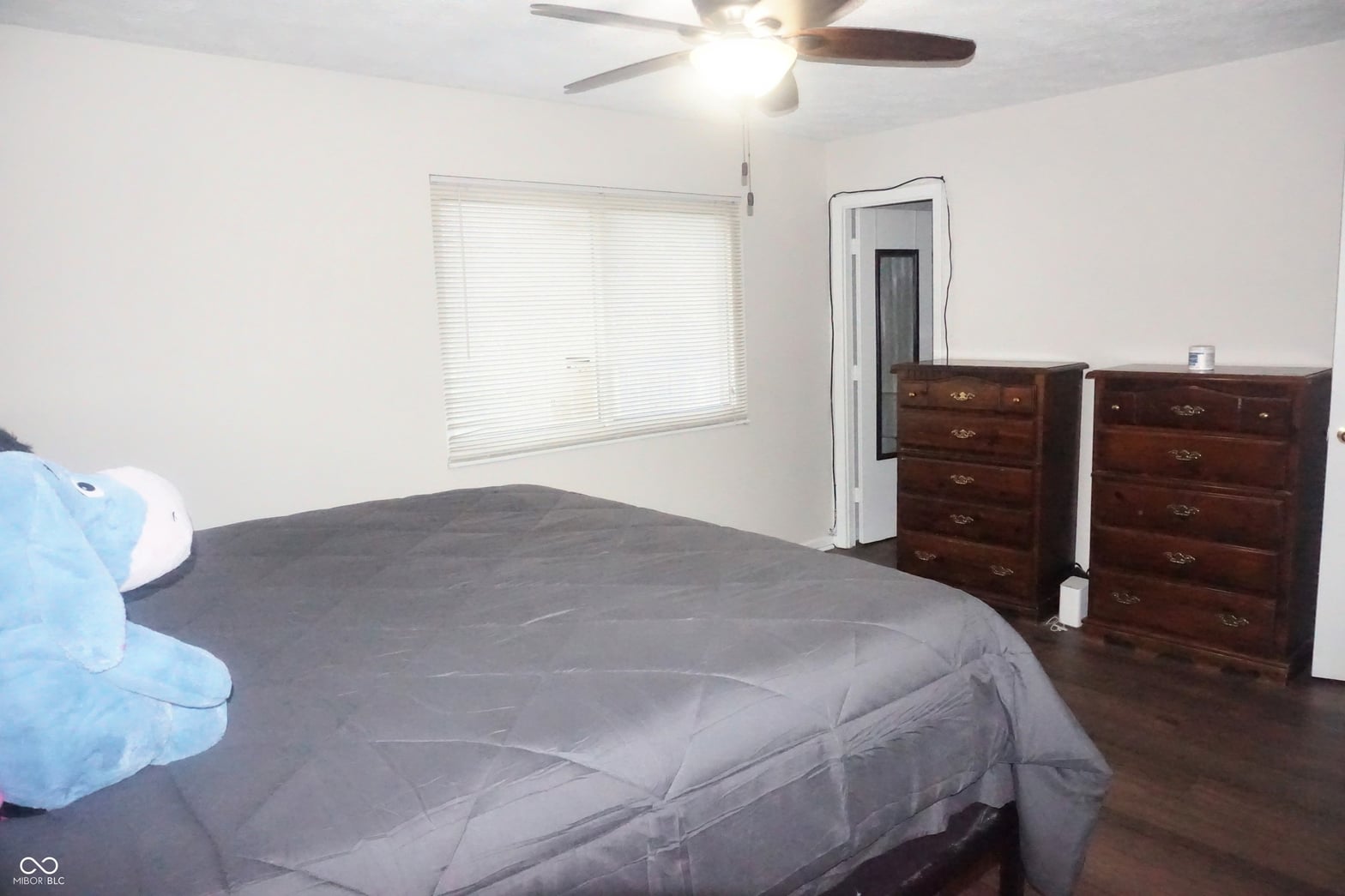 Spacious primary bedroom with hardwood floors and natural light.