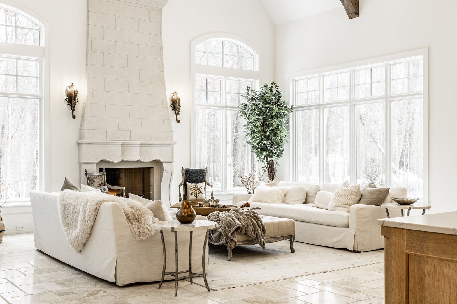 Bright, airy living room with fireplace and expansive windows.