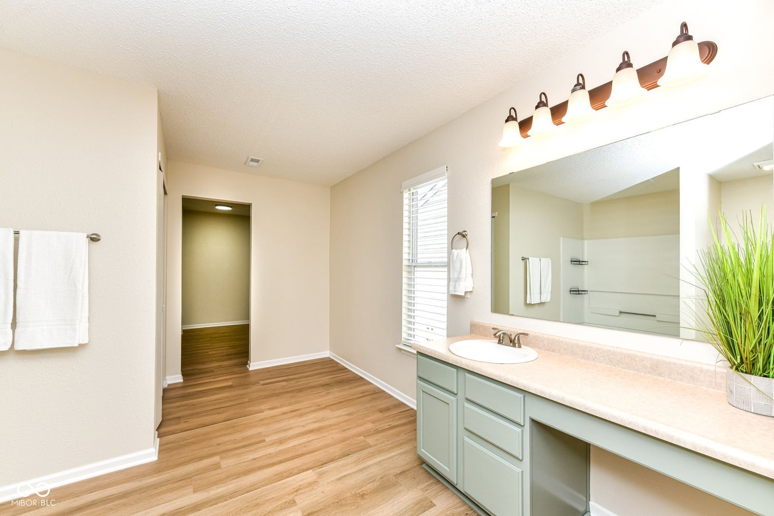 Luxurious primary bath with double vanity and walk-in closet.