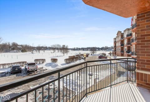 Outdoor living area at 20971 Shoreline Court, Noblesville, IN — Stunning open balcony with expansive winter views.