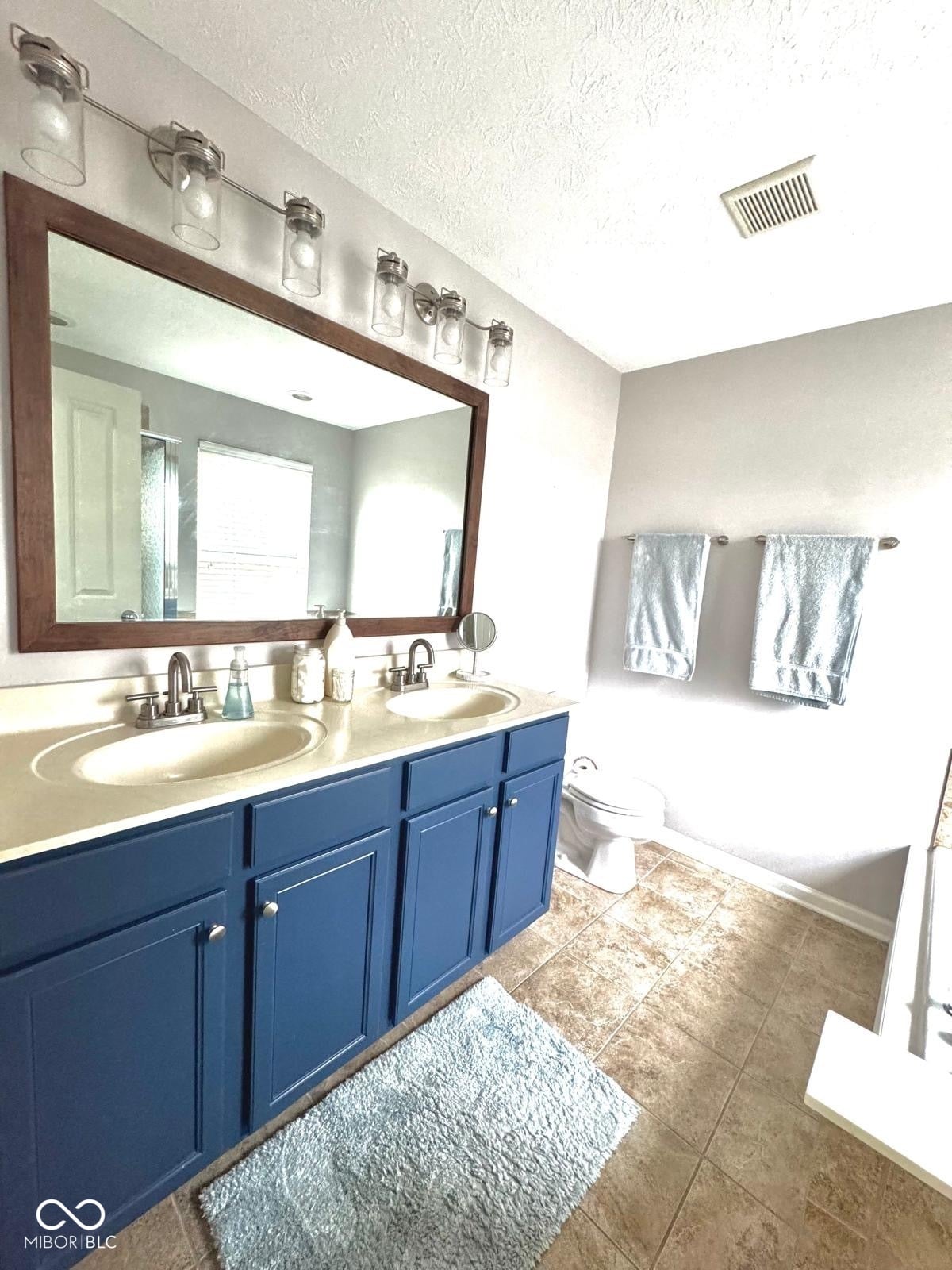 Spacious primary bath with dual vanity and blue cabinetry.