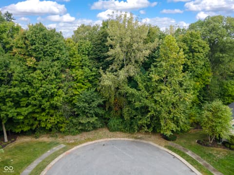 Aerial view at 13562 Creekridge Lane, Fishers, IN — Private wooded property with circular driveway entry.