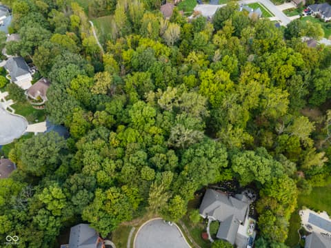 Aerial view at 13562 Creekridge Lane, Fishers, IN — Sprawling wooded estate lot with mature tree coverage.