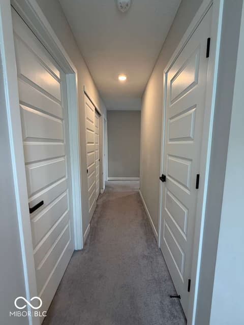 Hallway at 19994 Edwick Drive, Westfield, IN — Bright hallway with modern doors and recessed lighting.