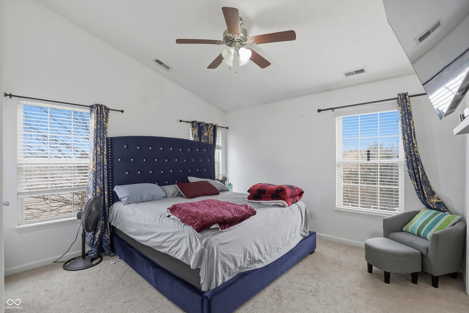Bright primary bedroom with skylights and multiple windows.