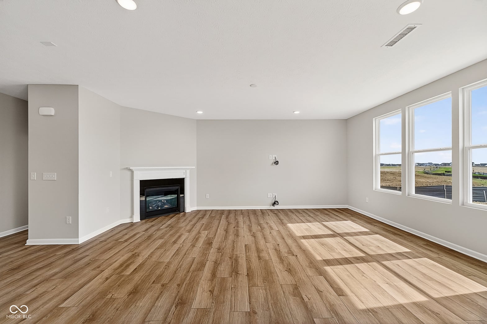 Bright, open family room with fireplace and pastoral views.