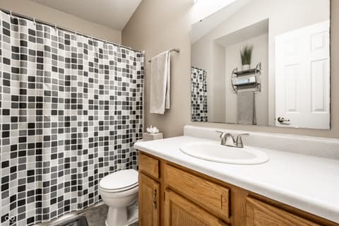 Bathroom at 450 E Pine Ridge Drive, Westfield, IN — Updated bathroom with stylish mosaic tile shower design.
