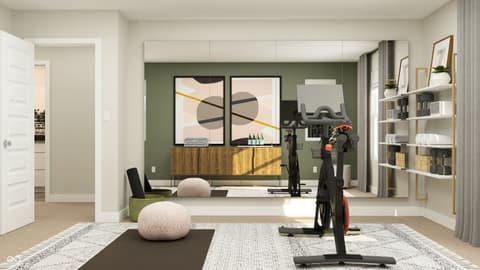 Bonus room at 16693 Reed Drive, Westfield, IN — Modern home gym with built-in storage and accent wall.