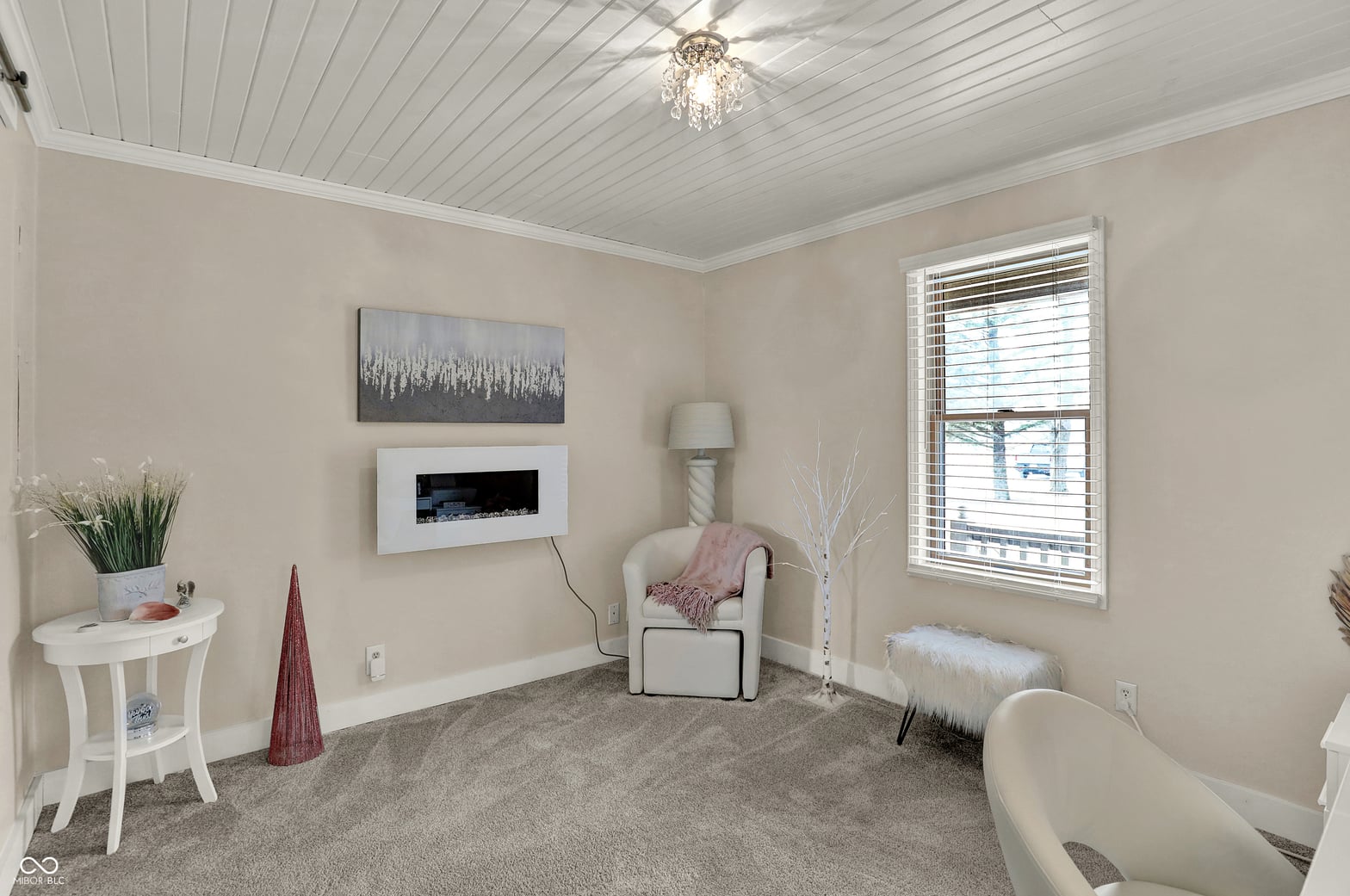 Bright, updated living room with modern fireplace and abundant natural light.