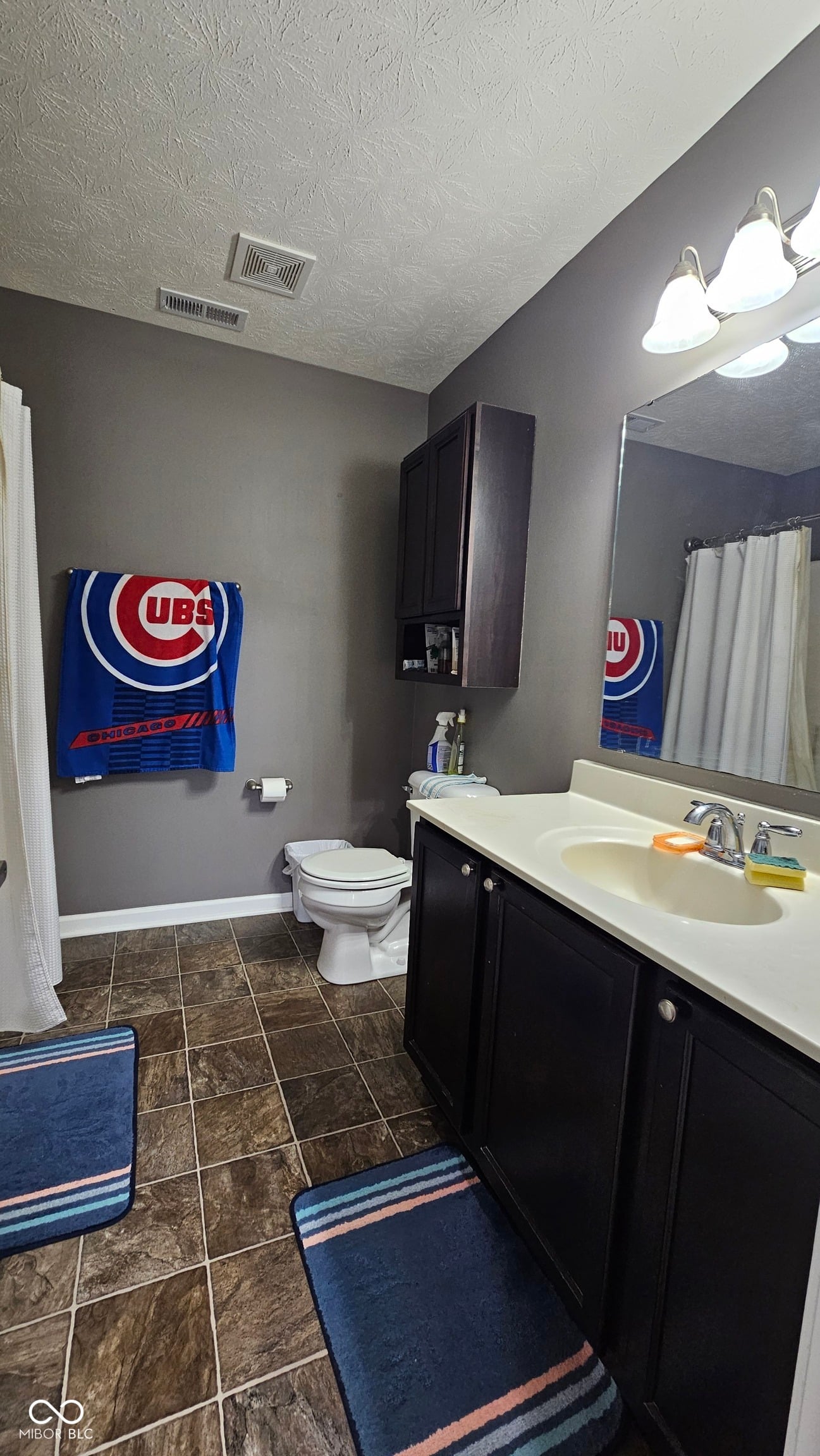 Updated bathroom with dual vanity and dark cabinetry.