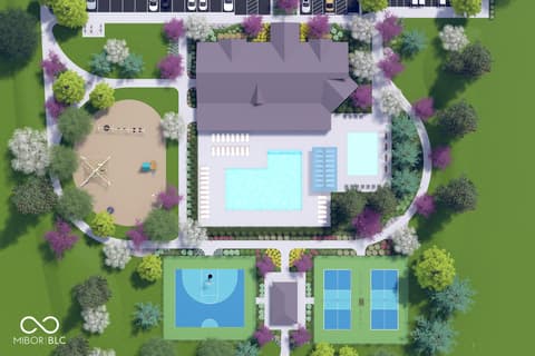 Aerial view at 15732 Showdown Road, Noblesville, IN — Luxury estate with resort amenities and lush landscaping.