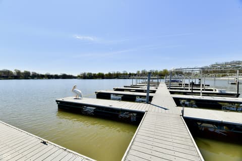 Backyard at 20971 Shoreline Court, Noblesville, IN — Waterfront property with private boat dock and marina.