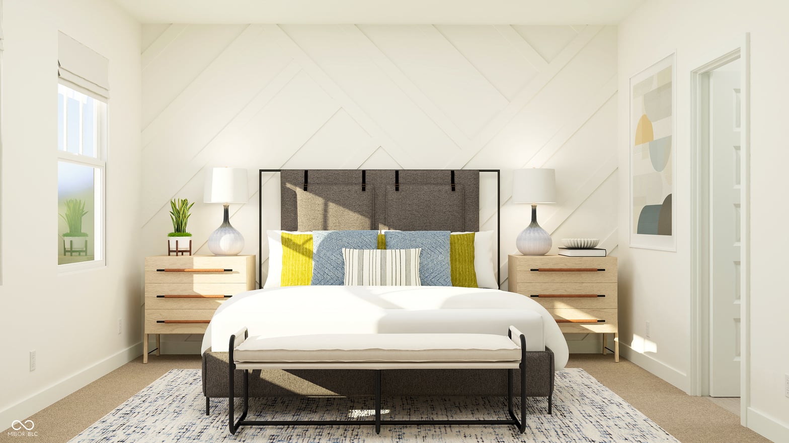 Bright primary bedroom with vaulted shiplap ceiling and modern design.