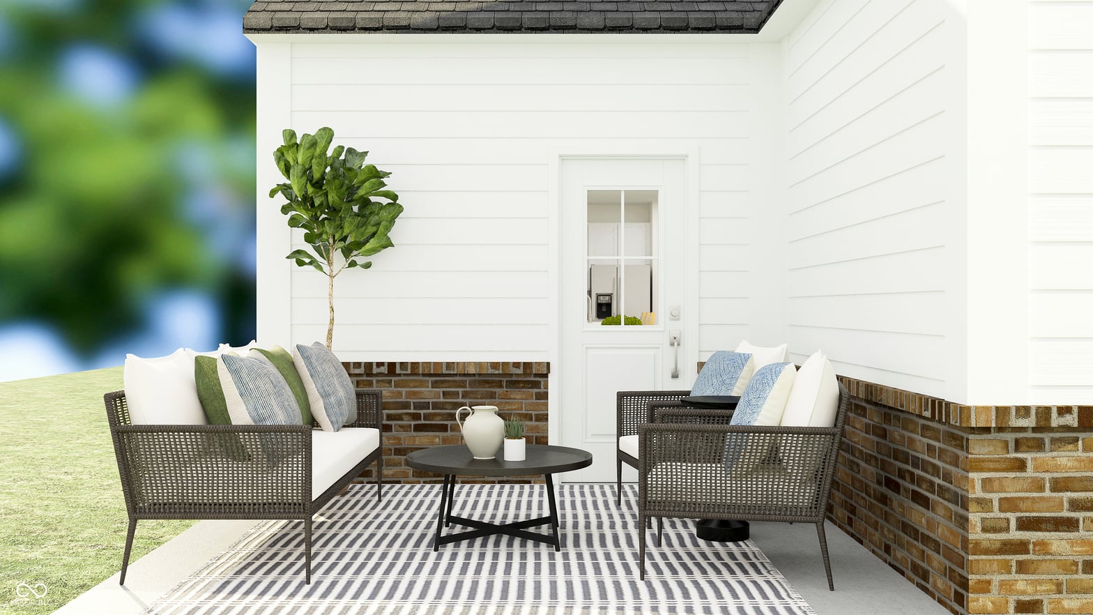 Modern patio with designer furnishings and brick accents.