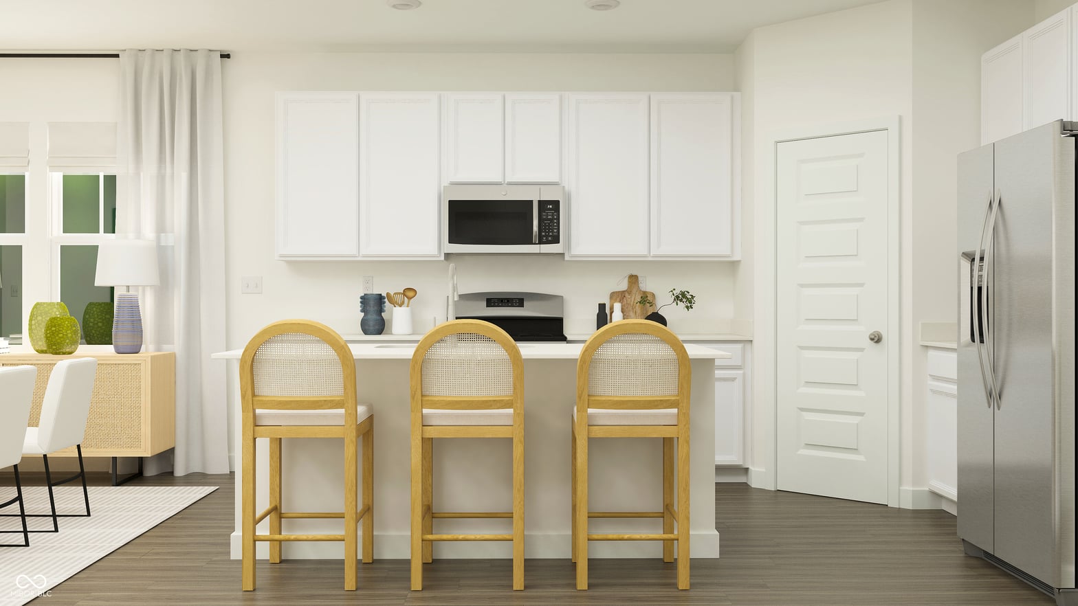 Modern white kitchen with island and stainless appliances