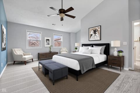 Primary bedroom at 792 Grace Drive, Carmel, IN — Spacious primary suite with sitting area and ensuite bath.