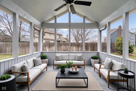 Outdoor living area at 792 Grace Drive, Carmel, IN — Bright screened porch with vaulted ceilings and views.