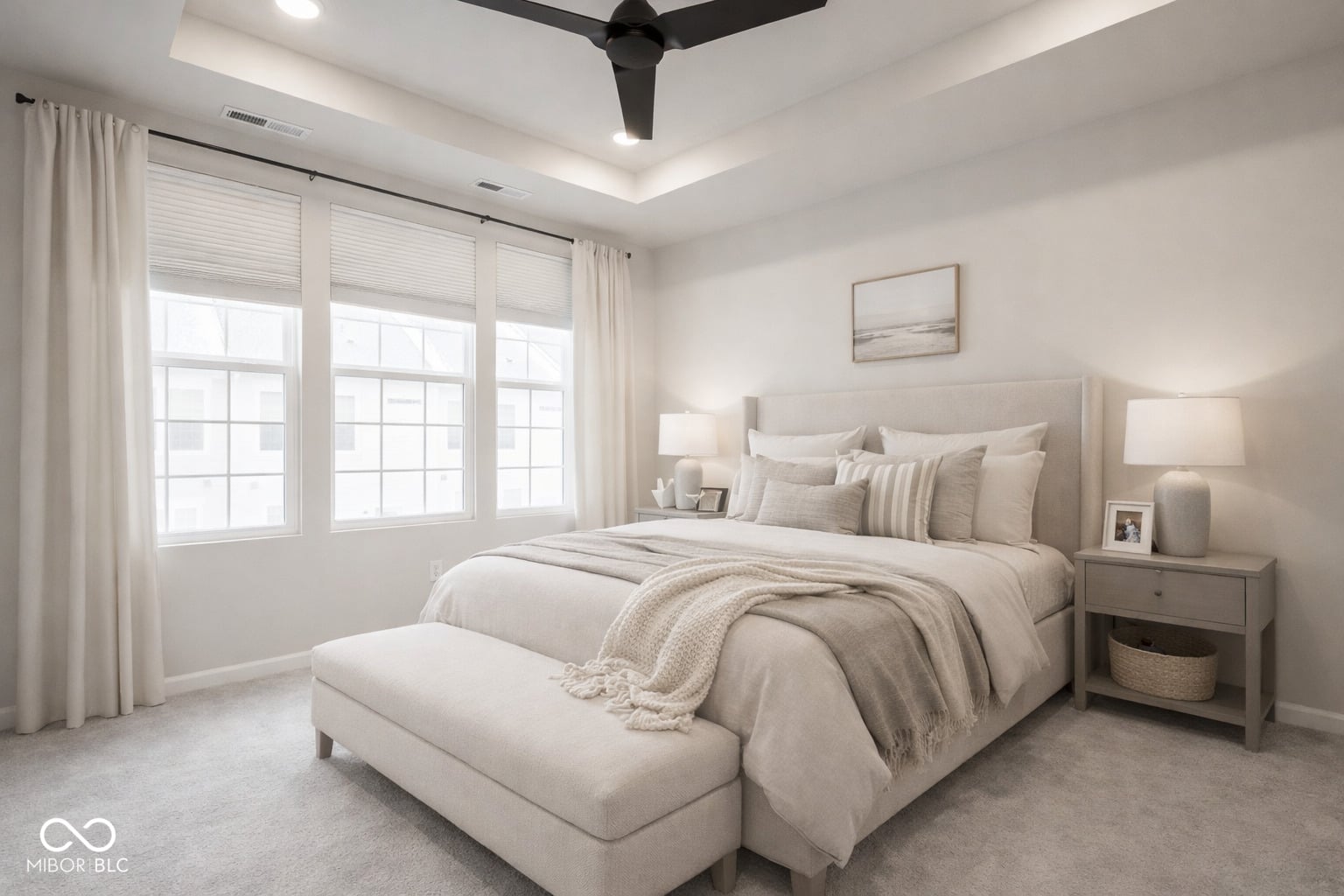Bright primary suite with tray ceiling and abundant natural light.