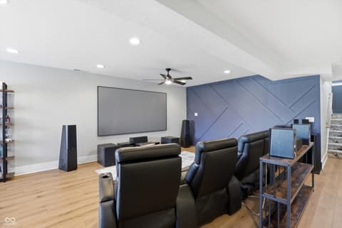 Bonus room at 17112 Sanders Farm Circle, Westfield, IN — Luxury home theater with geometric accent wall and seating.